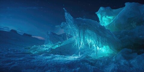 Ice and icicles on a winter night illuminated with aqua lights, emphasizing seasonal transition
