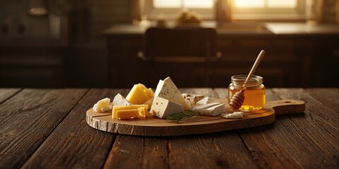 Cheese pieces and honey jar arranged on a dark table, emphasizing food pairing or tasting setup