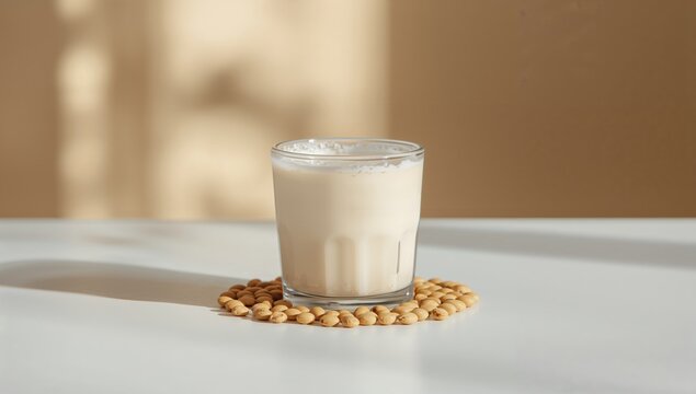 Glass of soy milk with soy beans on white surface, illustrating plant protein source and homemade process - Powered by Adobe