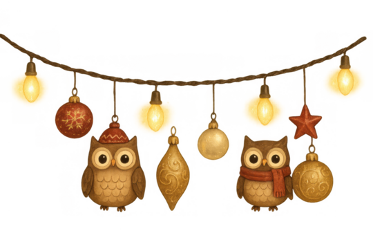 Cute owls in a holiday string light garland with christmas ornaments, symbolizing winter celebration and festive season - Powered by Adobe
