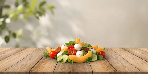 Mozzarella cheese, melon, and fresh vegetables arranged on a wooden table, suitable for a healthy eating layout