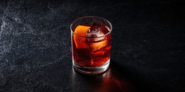 Negroni drink served in an old-fashioned glass with ice and orange peel on a black stone backdrop, suitable for beverage layout design