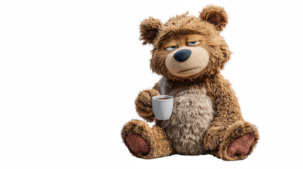 Sleepy Coffee Bear, Cute 3D Teddy Holding a Mug, Relaxed Morning Character on Transparent Background