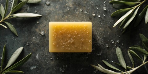 Fototapeta premium Detailed view of olive oil soap bar highlighting natural ingredients for cleansing, World Hygiene Day