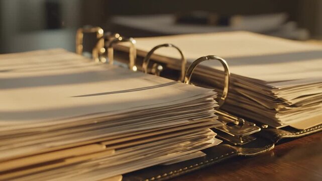 Sunlit desk scene with a leather binder full of stacked papers and metal rings, warm light. glow now