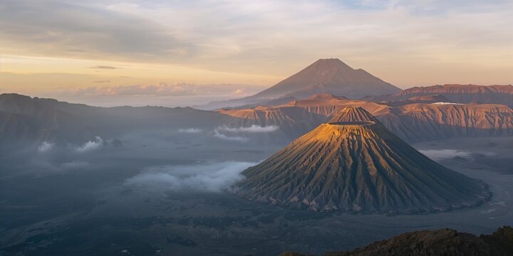 Bromo volcano in Jawa, Indonesia, with volcanic crater and ash plume, suitable as a landscape background for text or layout