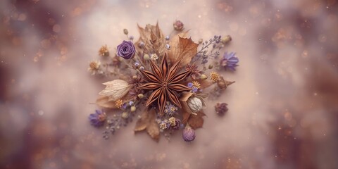 Obraz premium Dried flowers and star anise in an autumn display, emphasizing natural textures, seasonal change