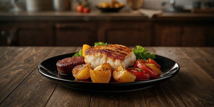 Seafood fillet accompanied by potatoes and vegetables plated on a dark surface, highlighting dish presentation for food service efficiency