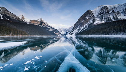 Frozen Lake Winter Background with Snowy Mountains and Icy Reflections, Beautiful Winter Snow Background with Christmas Tree, Snowfall, and Festive Holiday Scenery