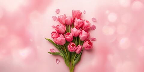 Fototapeta premium Arrangement of pink tulips flowers on pastel pink background serving as floral decor or graphic backdrop, flat lay, top view