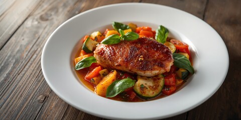 Chicken breast served with colorful vegetables and fresh basil, suitable for nutrient-rich meal preparation