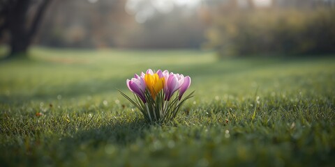 Vivid purple crocus blooming among grass, highlighting seasonal transition, Earth Day