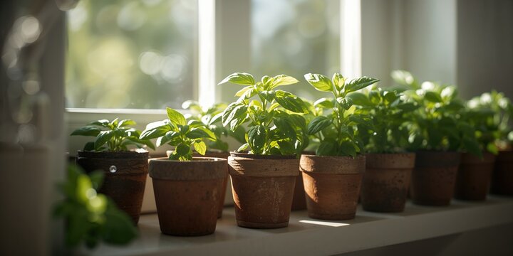 Young basil plants in container pots on shelf, organized for kitchen use, International Gardening Day - Powered by Adobe