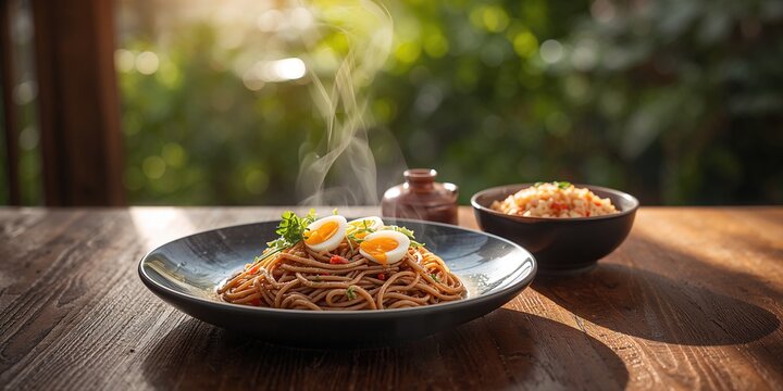 Cold noodles and dongas on the table, meal freshness and texture, no specific observance