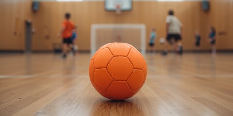 Naklejka premium Orange futsal soccer ball on indoor training pitch, team practice and focus
