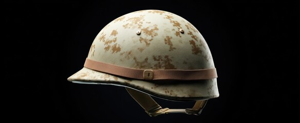 Fototapeta premium Military helmet featuring rugged sand-colored camouflage pattern and durable adjustable straps