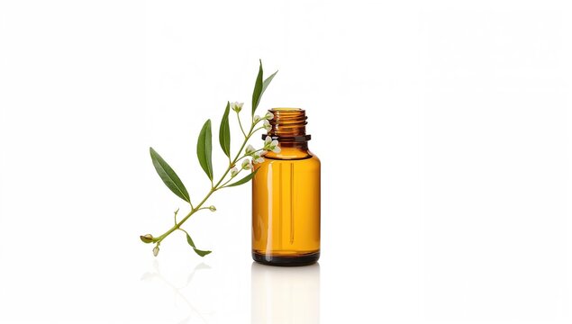 Clear glass vessel with Melaleuca essential oil for aromatherapy, highlighting extraction quality and storage safety