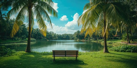 A lakeside park with palm trees, designed for leisure and community gathering, World Environment Day