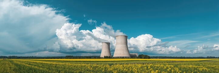 Nuclear power plant surrounded by a yellow field and large clouds, environmental safety checks
