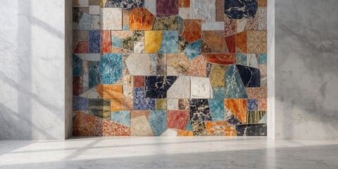 Vivid mosaic wall used as a vibrant backdrop for layout and text placement, street art setting