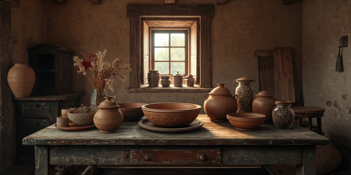 Simple rural home interior with authentic traditional kitchen tools, highlighting rural lifestyle