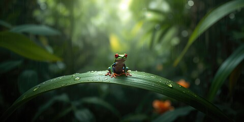Fototapeta premium Exotic tropical frog perched on a leaf in vibrant jungle setting, biodiversity conservation awareness