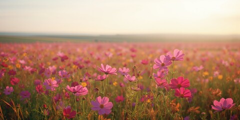 Obraz premium Autumn season brings vibrant cosmos flowers into full bloom in the open field, showcasing natural growth