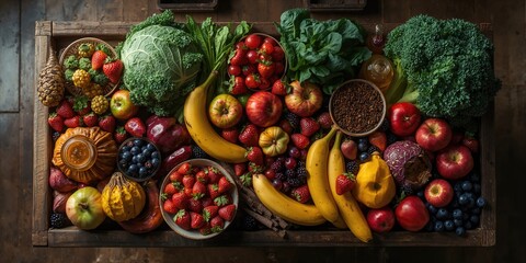A flat lay of a plant-based diet featuring assorted fruits, vegetables, and honey, suitable for healthy eating