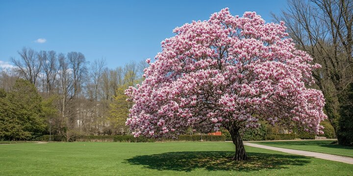 Magnolia in full bloom in Wallenstein Garden during springtime in Prague, seasonal floral display