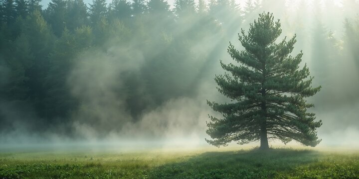 Morning mist filters sunlight through the pine forest, creating a soft atmospheric scene suitable for background use - Powered by Adobe