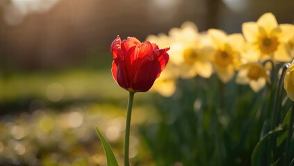 Obraz premium Bright tulip bloom contrasted with daffodils, highlighting springtime floral diversity, World Flower Day
