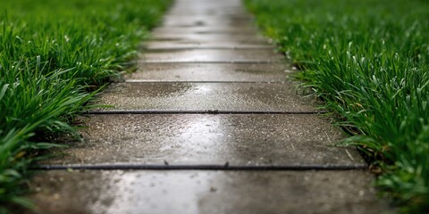 Fototapeta premium Close up of a wet concrete walkway bordering lush green grass urban gardening resilience, environmental awareness day
