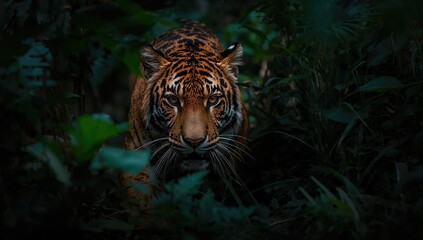 Fototapeta premium Jungle scene with a wild feline peering through leaves and showcasing piercing eyes, highlighting wildlife behavior