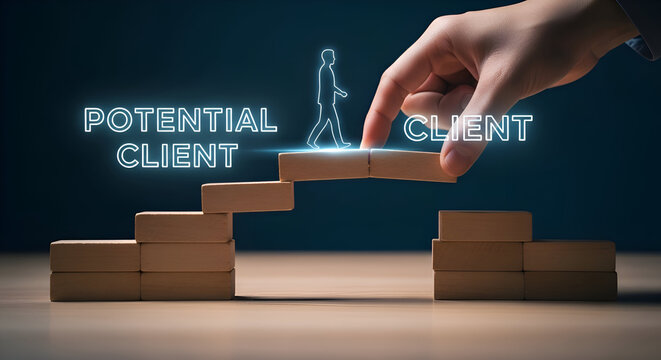 Hand builds wooden block bridge connecting potential client to actual client symbolizing business growth and customer acquisition strategy
