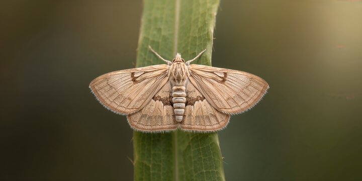 Close-up of a pale brown Fen Wainscot owlet moth on reed stems, natural camouflage strategies, no specific observance