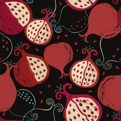 Seamless pattern with stylized pomegranate fruits and seeds on black background