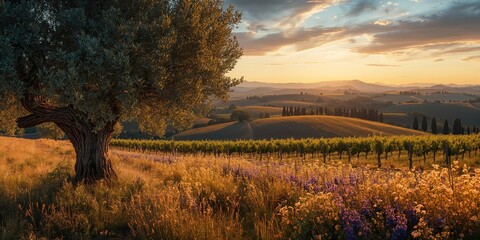 Fototapeta premium Sunset over a Tuscan vineyard featuring olive groves and flowering plants, autumn landscape in Maremma