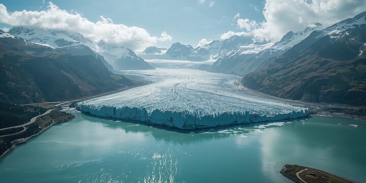 High-altitude shot of the Rhone glacier and lake in the Swiss Alps, illustrating seasonal erosion, Earth Day