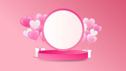A festive 3D pink podium with a white circle backdrop, framed by clusters of pink and white heart-shaped balloons and gift boxes, perfect for Valentine's Day or celebratory product displays.