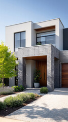 Fototapeta premium A modern suburban house with a stylish grey brick boundary wall stands amid lush landscaping under a clear sky. The scene captures the tranquility of a residential area