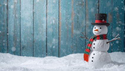 Snowman figure on a rustic wooden surface, festive winter ornament for holiday display