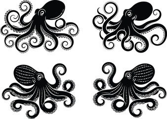 Set of decorative octopus illustrations with swirling tentacles, marine sea creature artwork for ocean design, aquatic themes, underwater wildlife graphics © Milon Creative
