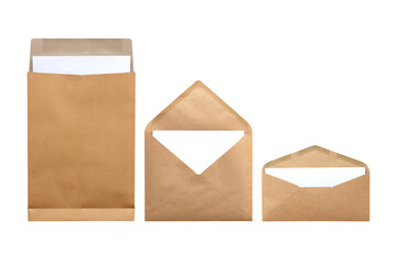 Set of Brown envelope with white paper inside isolated on white background. Letter top view. Object with clipping path