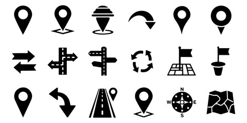 Navigation and location map icons, representing various pointers, routes, and directional signs for digital interfaces and mapping applications
