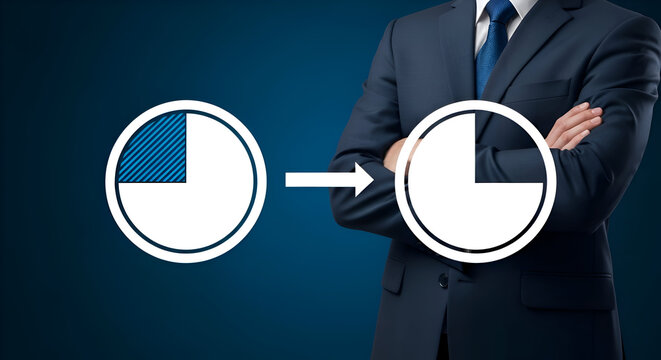 Businessman illustrates process improvement from a small fraction to a larger portion using pie chart icons against a dark blue background - Powered by Adobe