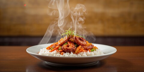 Korean spicy stir-fried octopus served over rice, bold flavors and textured ingredients, World Food Day