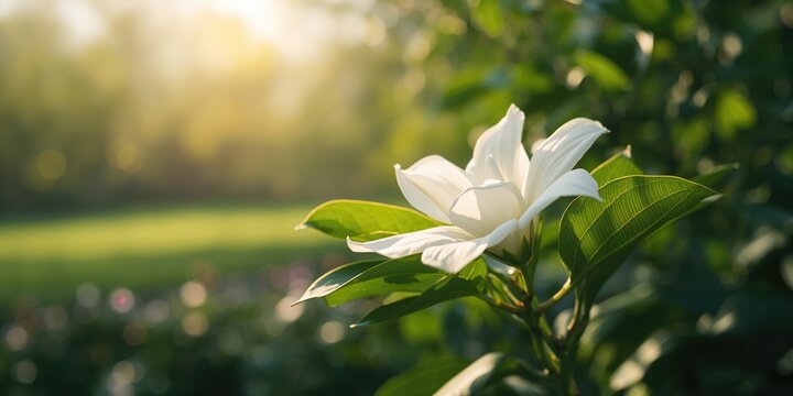 Garden scene featuring blooming gardenia flowers in spring, highlighting seasonal flowering, Earth Day
