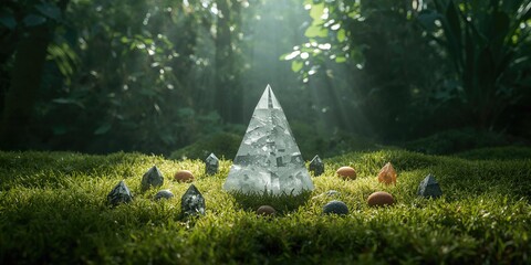 Natural moss background with chakra crystals and energy quartz pyramid, designed for energy healing practices