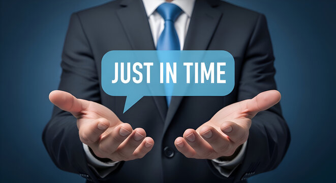 Businessman presenting just in time concept with open hands against a dark blue background symbolizing efficient inventory management and production strategy