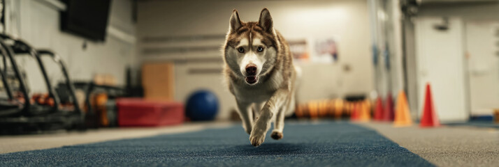 A husky with extra weight runs through an agility ramp, showing focus and motivation in a spacious training room designed for fitness and rehab activities, banner